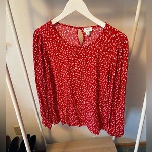 J Crew red and white floral long button sleeve top with key hole back size xxl